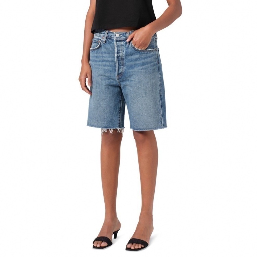 AGOLDE 90's Mid Rise Loose Shorts Ruin Blue Denim Raw Hem Size 23 NEW